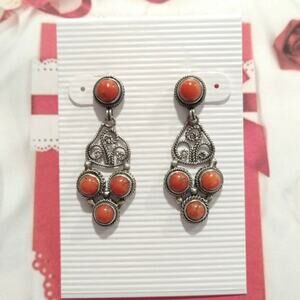 925 Sterling Silver Dangle Earrings Antique Corals Filigree Posts Jewelry Lot